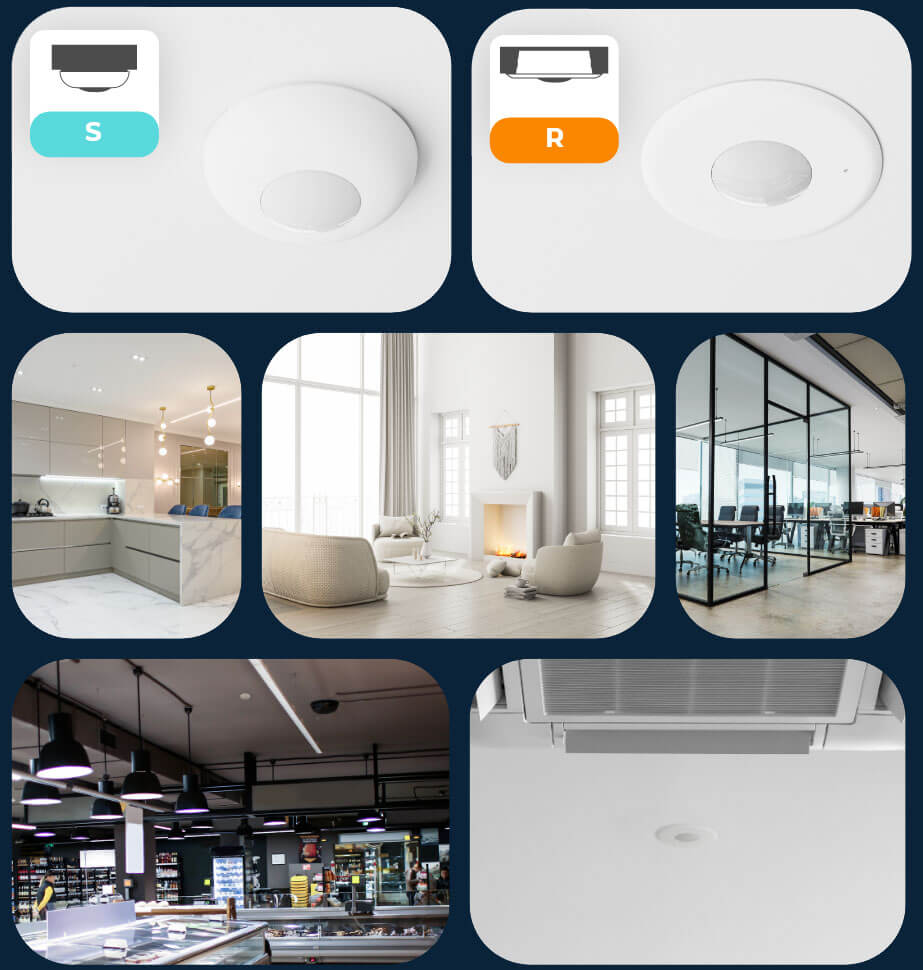 Ceiling Motion Detector applications in various spaces, including offices, living rooms, kitchens, shops, and modern interiors, compatible with the BE WAVE system